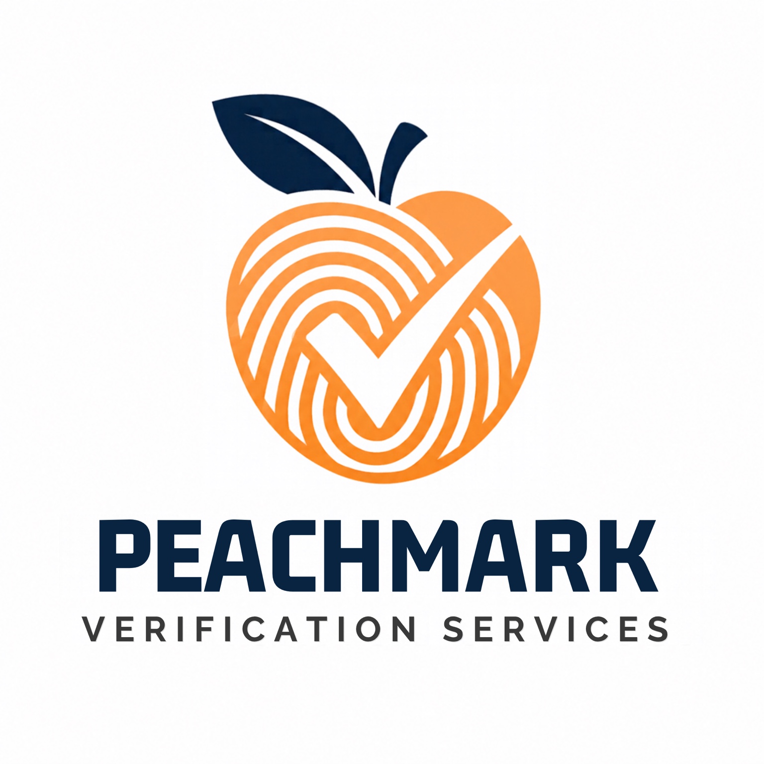 Peachmark Verification Services logo: orange peach fingerprint with a check mark and navy leaf